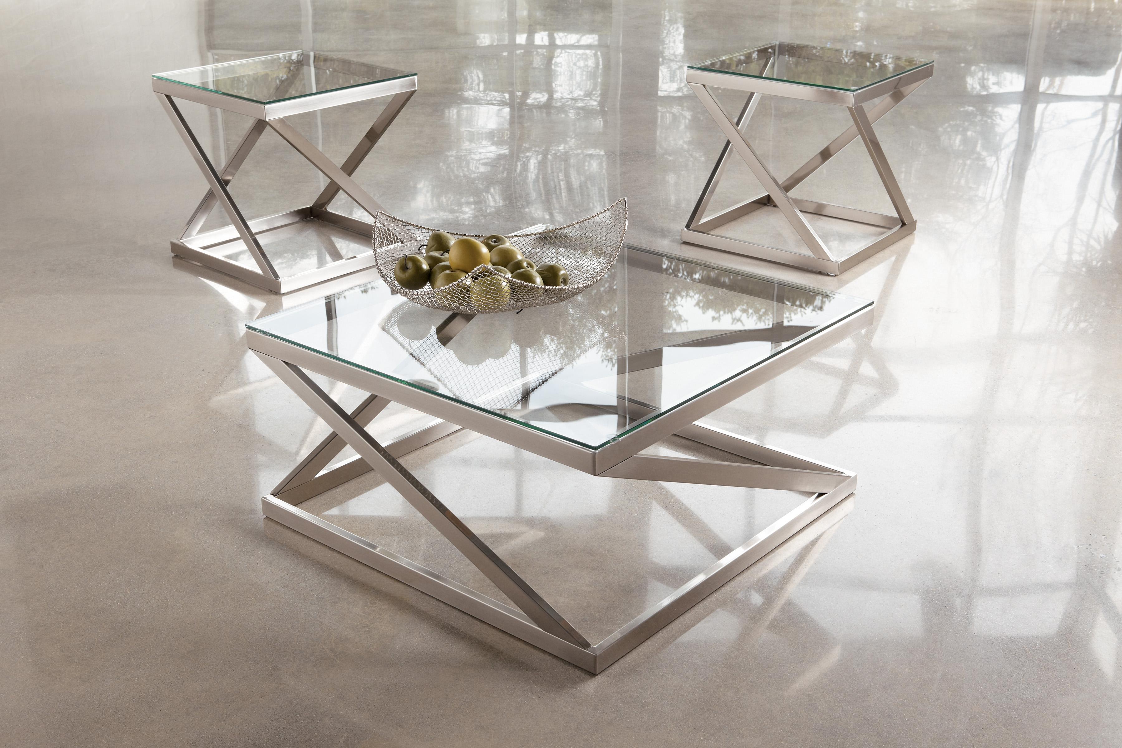 Coylin Brushed Metal Square End Table with Clear Tempered Glass Top